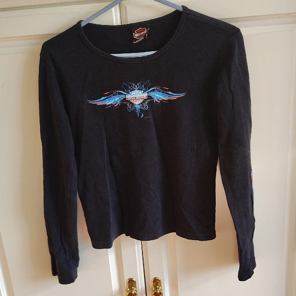 Harley-Davidson Black Long Sleeve Top with Blue and Red Logo